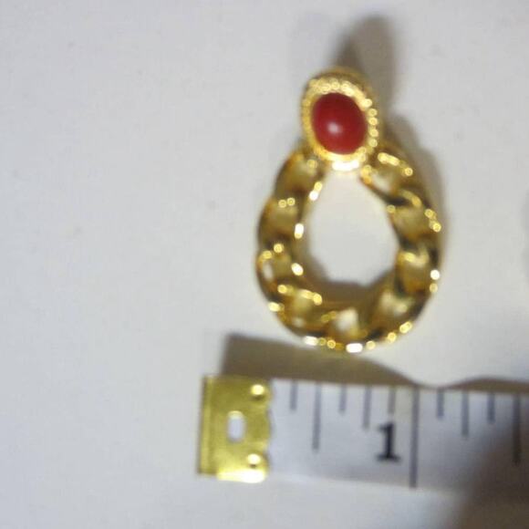 Gold Chain Hoop Statement Earrings Red Cabochon Clip-On Retro 80s - Picture 7 of 7